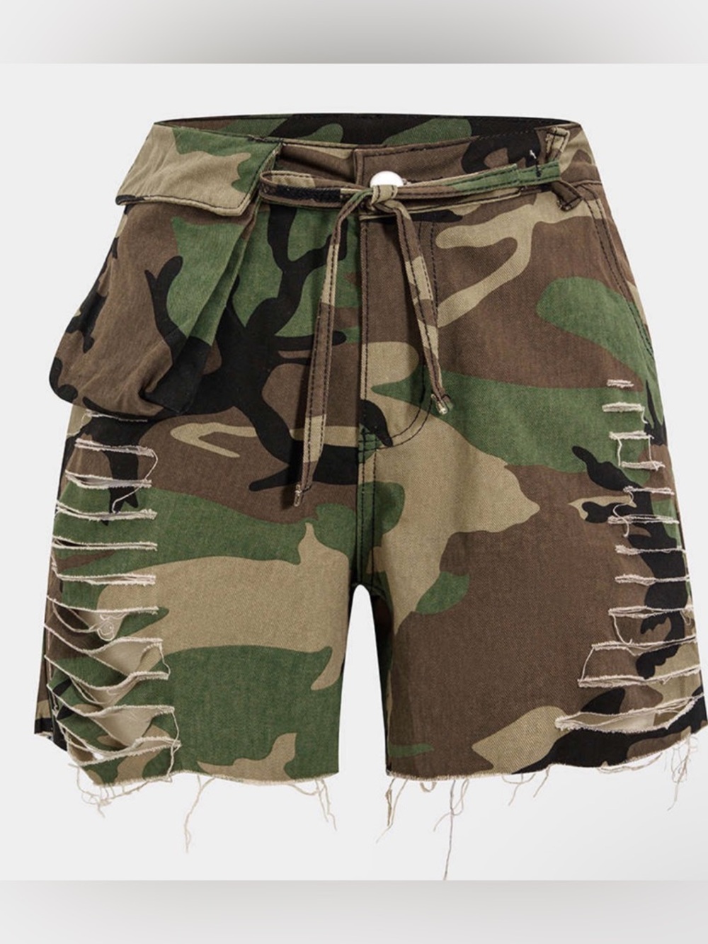 Micas Women’s Camo Distressed Shorts | Drawstring Waist | Shredded Frayed Hem